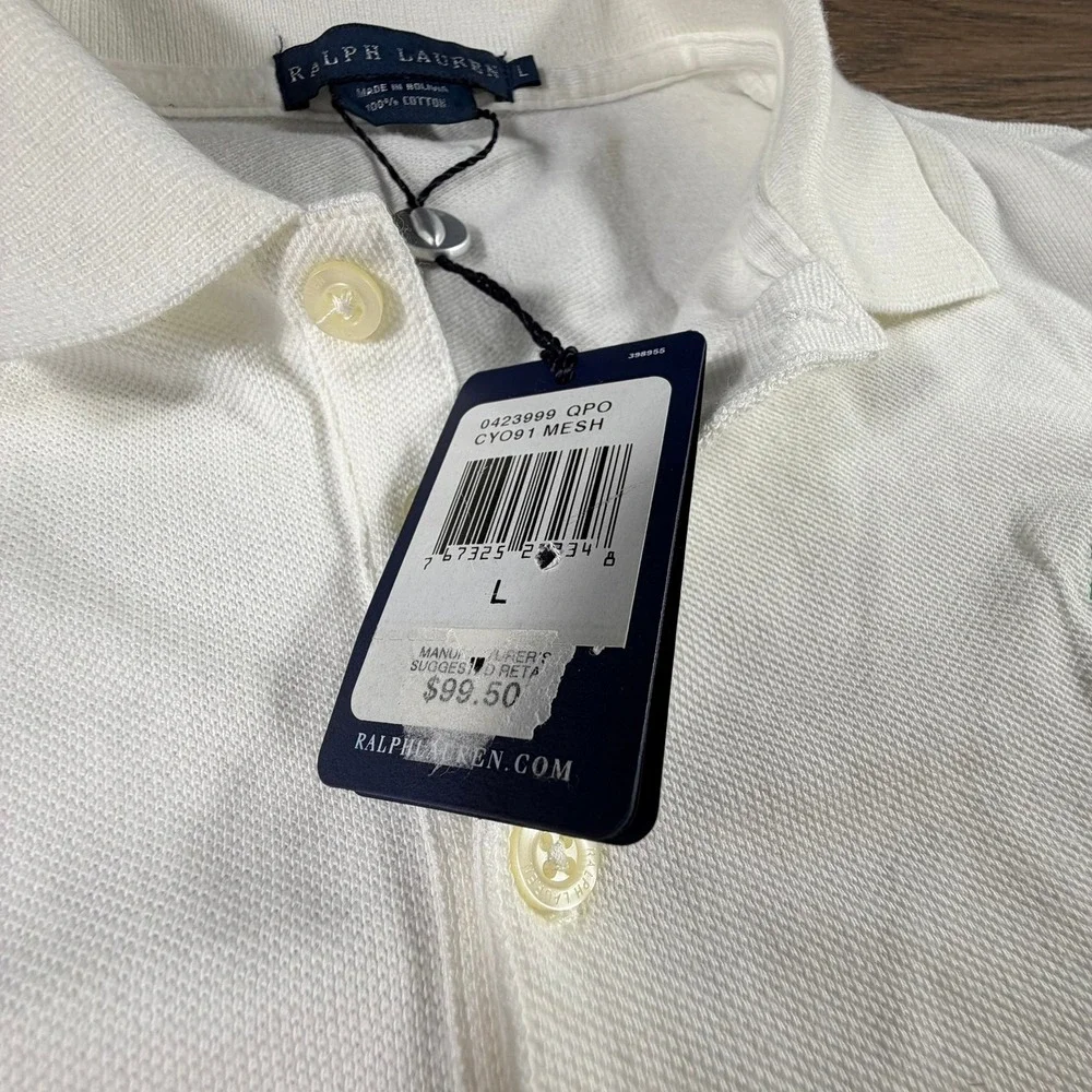 Ralph Lauren Kids Big Pony Mesh Polo Shirt White Green Long Sleeve Size L NWT